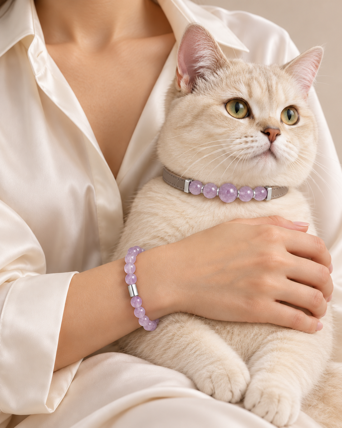 Owner wearing amethyst bracelet holding a cat with matching amethyst collar
