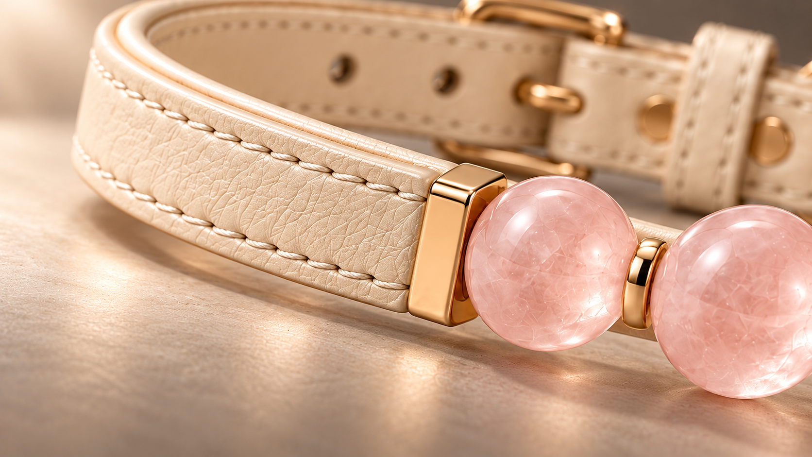 Close-up of leather grain, recessed stitching and rounded edge