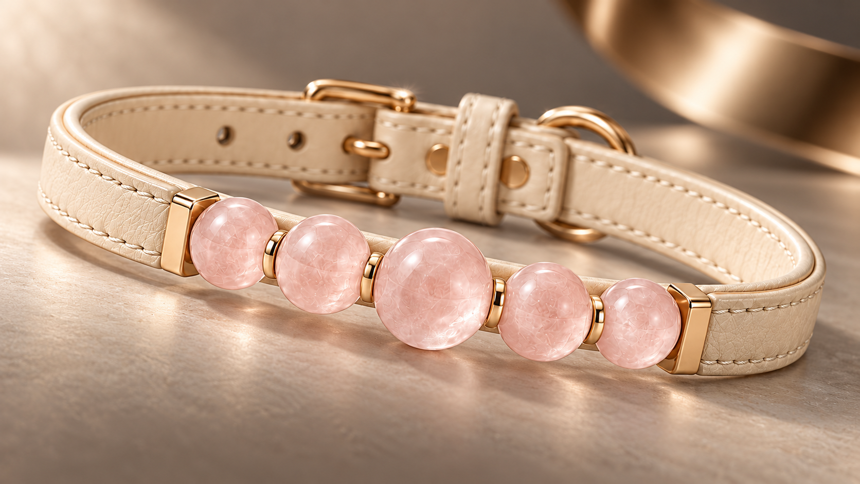 Ivory leather collar with rose quartz and polished gold-tone fittings